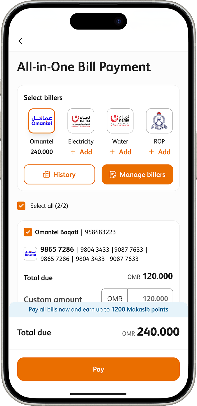 All-in-One Bill Payment: Omantel, Electricity, Water and ROP shown as selectable billers above a combined total due of OMR 240.000 and a Pay button.